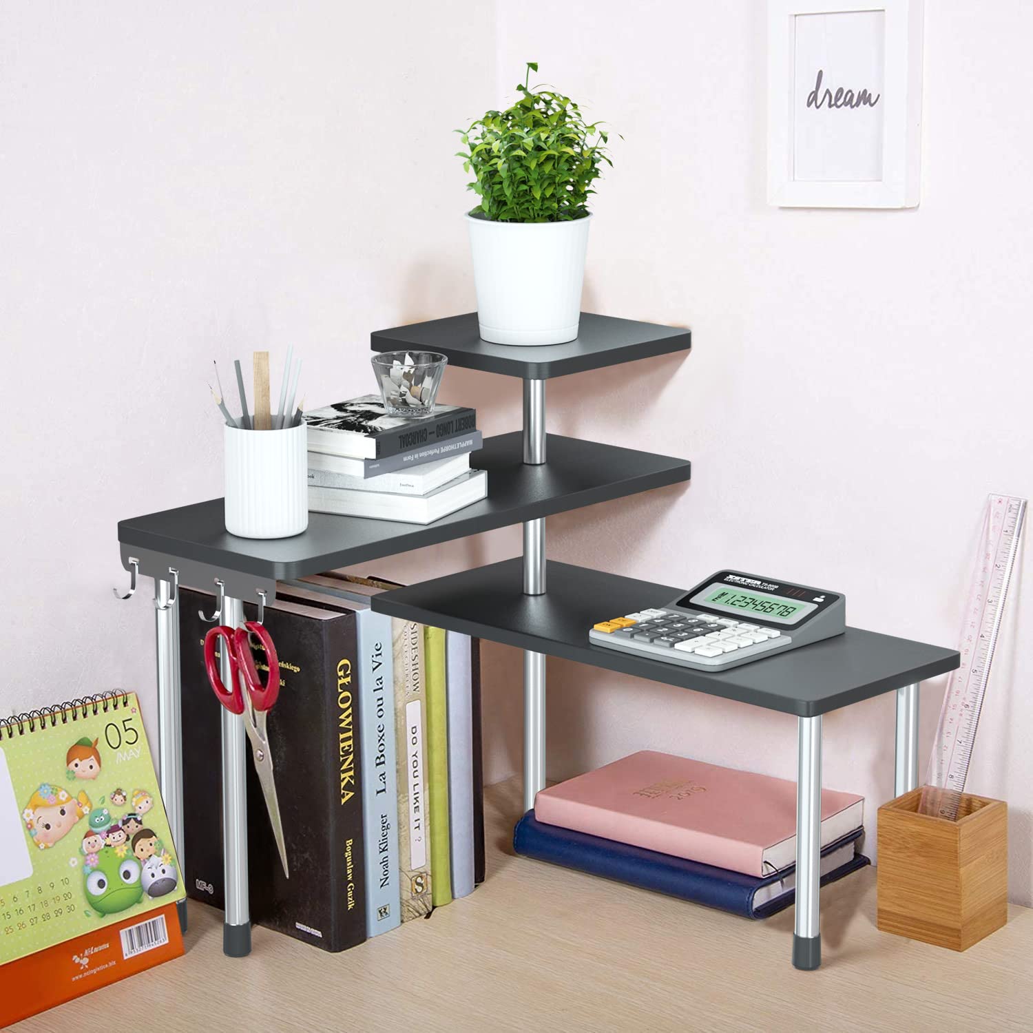 Jolitac Countertop Organizer, 3-Tier Spice Racks, Kitchen Counter Corner Shelf, Desktop Bamboo Rack with Hooks for Kitchen, Bathroom, Cabinet, Table, Coffee Bar (Black)