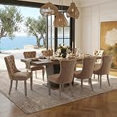 9 Piece Extendable Dining Table Set for 8, 63"-78.7" Rectangular Dining Room Table with 8 Suede-Touch Upholstered Chairs, Wood Farmhouse Kitchen Table Set with Pedestal Base for Family Gatherings