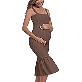 Summer Tank Maternity Dress Sleeveless Strappy Midi Bodycon Square Neck Ruffle Mermaid Smocked Dress for Baby Shower
