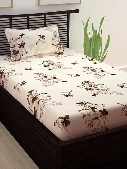 Story@Home Spark Gold Premium Collection 208 TC Floral Pattern 1 Single Bedsheet and 1 Pillow Cover - Cream & Brown