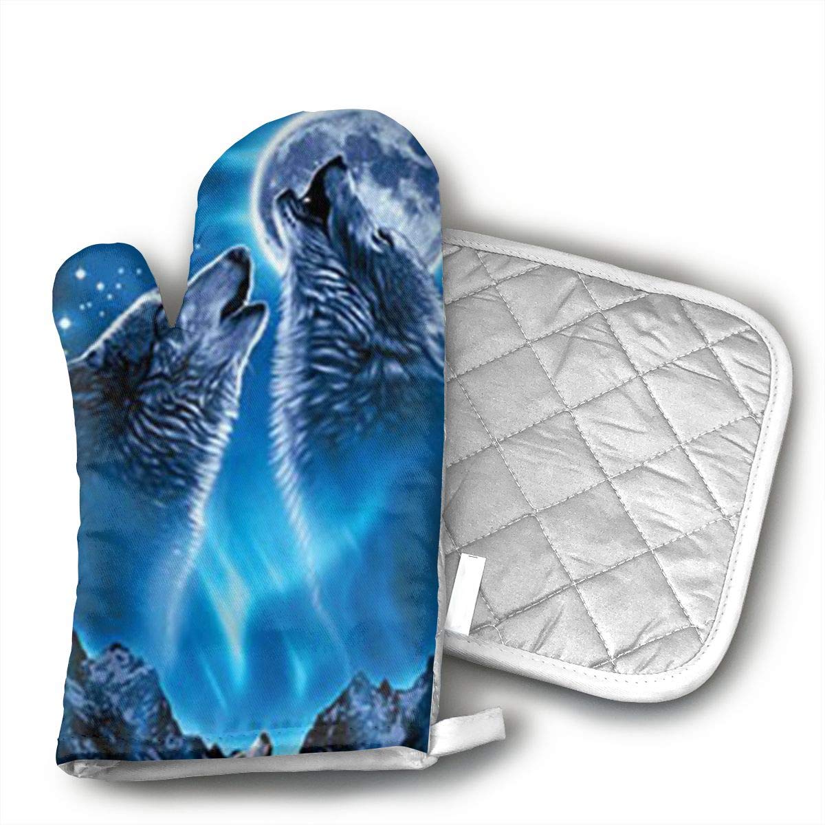 UYRHFS Wolves Howling Moon Oven Mitts and Pot Holder Kitchen Set with, Heat Resistant, Oven Gloves and Pot Holders 2pcs Set for BBQ Cooking Baking