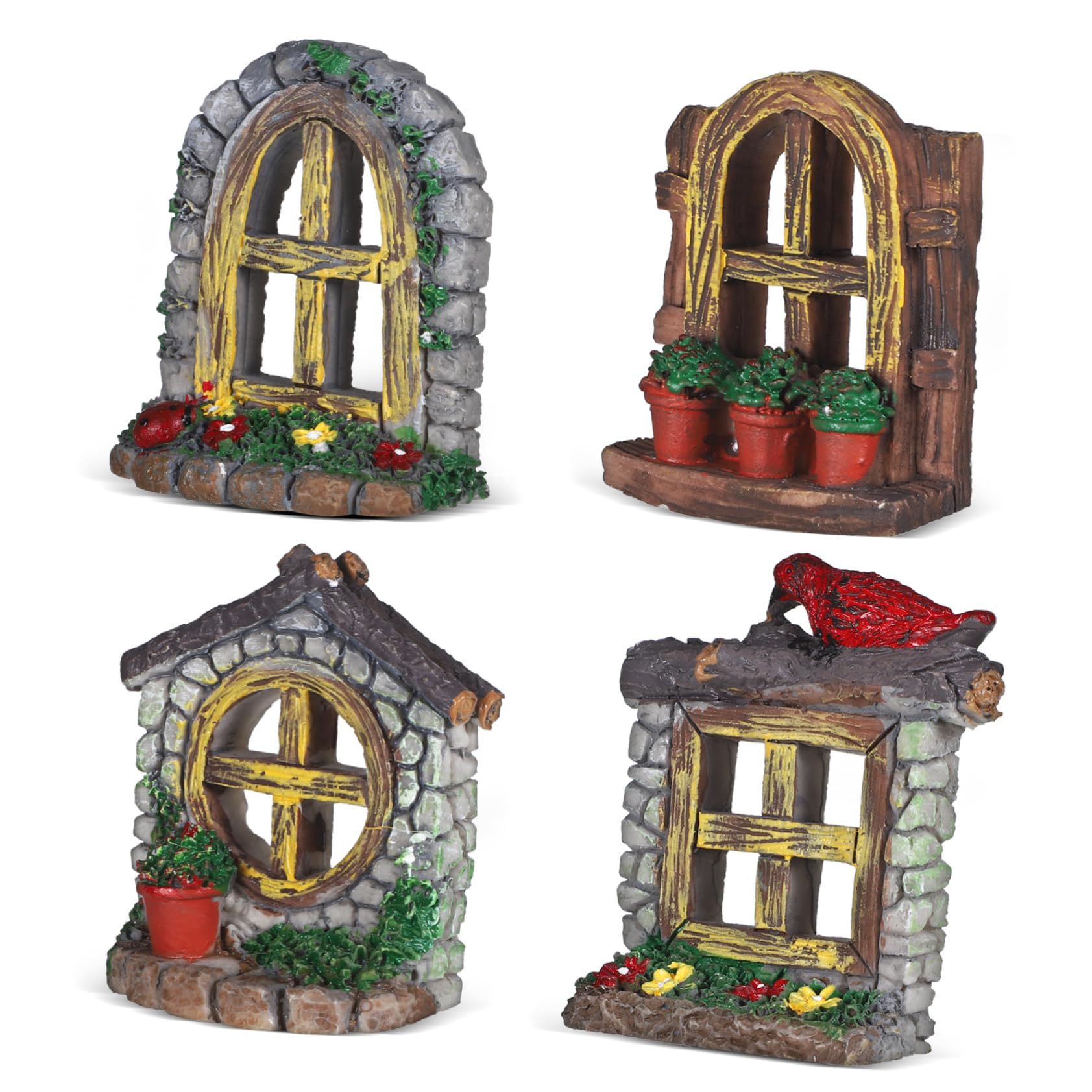 UPKOCH 4pcs Fairy Windows, Miniature Tree Sculpture Gnome House Window, Garden Art for Kids Room Wall Trees Outdoor (Random Color)
