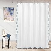 ORTIGIA White Blue Scalloped Shower Curtain 72 W x 72 H Inch | Coastal Pretty Aesthetic Waterproof Fabric Bath Bathroom Decor with Metal Hooks