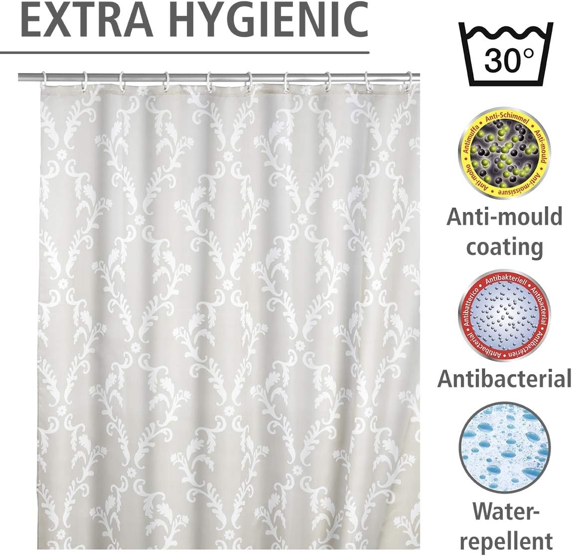 WENKO 20048100 Anti-mould shower curtain Baroque - anti-bacterial, washable, Polyester, 200 x 180 cm, Beige - Image 4
