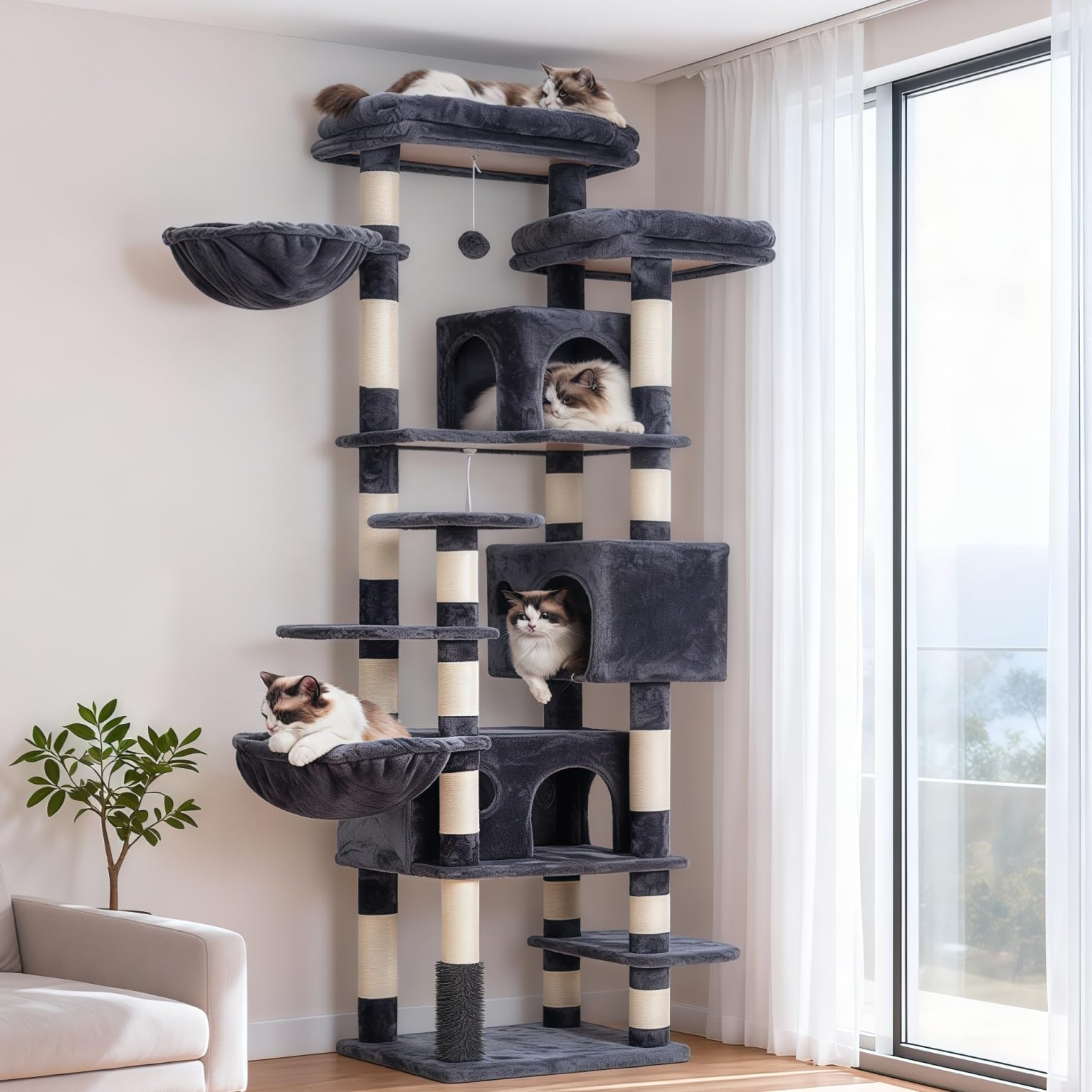 Photo 1 of *****IT IS UNKNOWN IF ANY PARTS ARE MISSING****Hey-brother Cat Tree, 74 inches Multi-Level XL Large Cat Tower for Indoor Cats with Three Cat Condos, Two Large Top Decks and Cat Hairbrushfor Kittens, Cats and Pets, Smoky Gray MPJ035-MG