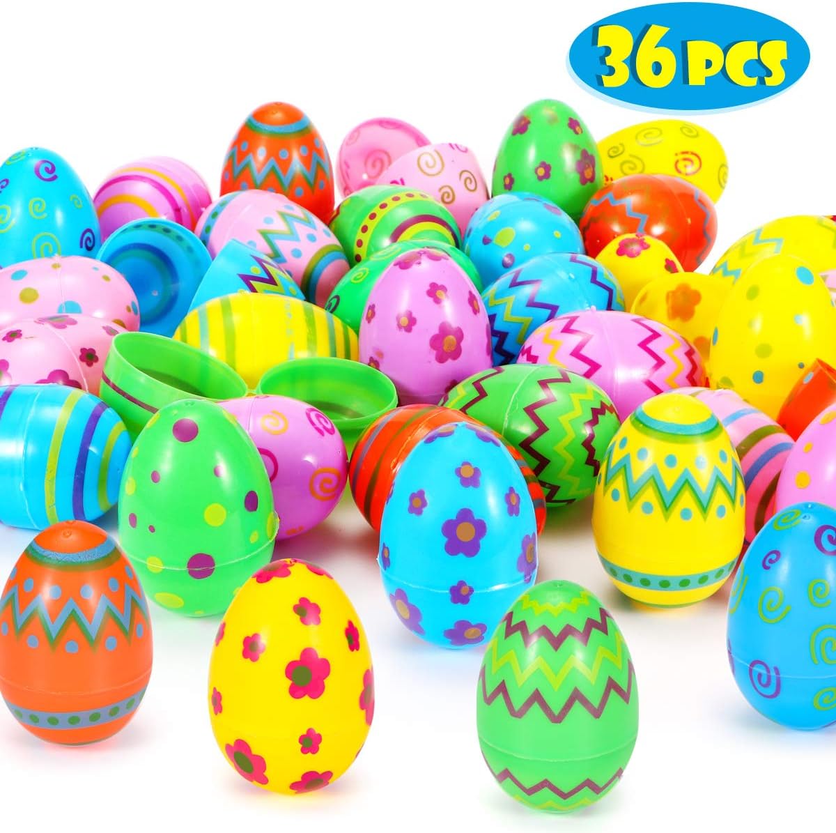 Sizonjoy36 Pcs Plastic Printed Bright Easter Eggs, 3.15" Tall Fillable Colorful Toys Easter Eggs Bulks for Easter Hunt, Party Favor, Basket Stuffers Filler, Classroom Prize Supplies