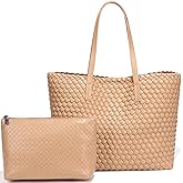 Large Capacity Shoulder Handbag Woven Leather Tote Bag with Matching Pouch Travel Lightweight