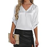 2026 Womens 3/4 Sleeve Shirts Dressy Casual Tops Pleated Satin Silk Business Blouses