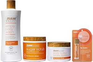 Raw Sugar Nourishing Raw Coconut + Mango Body Love Bundle - Body Wash, Body Scrub, Body Butter & Lip Balm, Clean, Made with Plant-Derived Ingredients, Formulated without Sulfates and Parabens