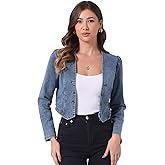 Allegra K Denim Collarless Jackets for Women's Cropped Double Breasted Open Front Jean Cardigan