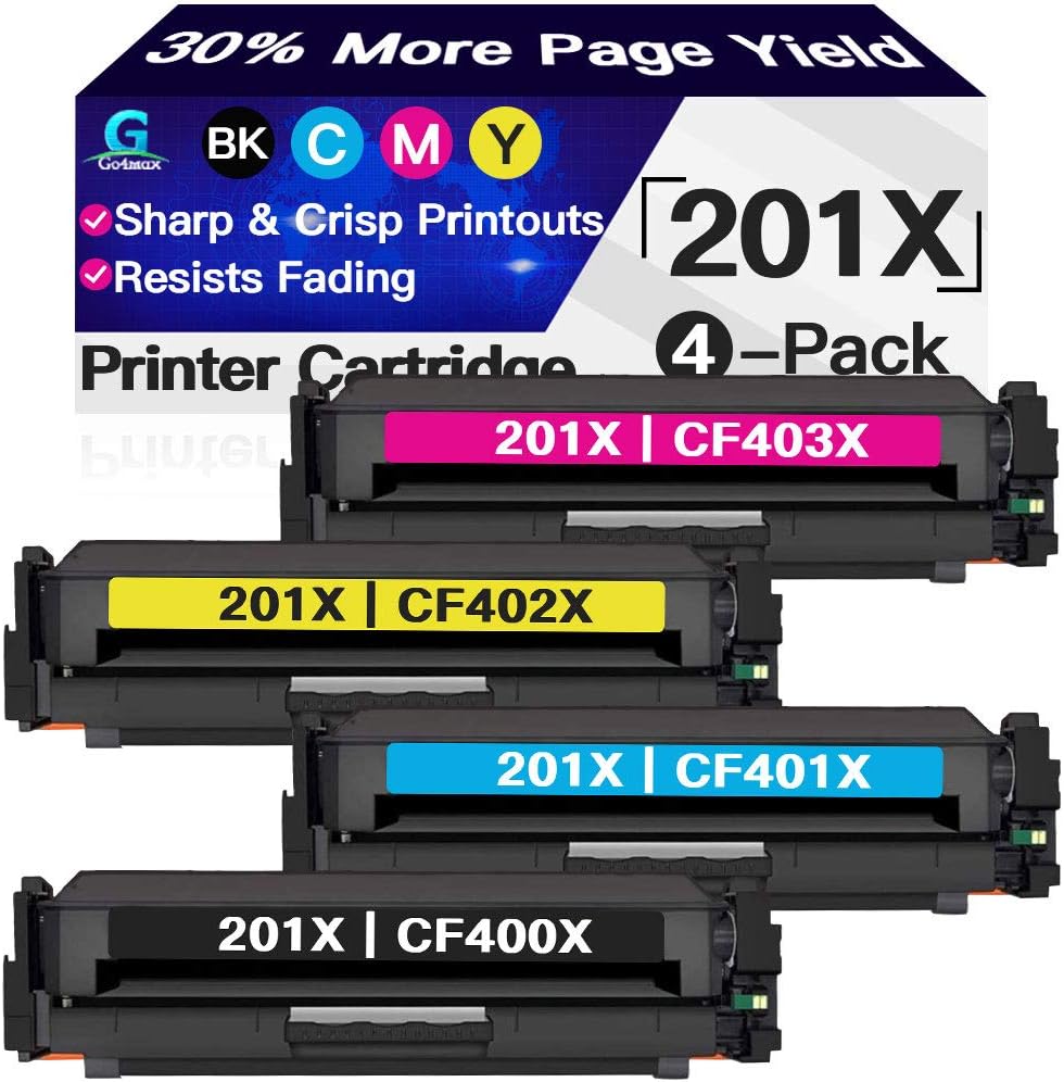 Compatible 4-Pack (BK+C+Y+M) High Yield CF400X CF402X 201X Toner Cartridge 201A CF401X CF403X Used for HP Color Laserjet Pro MFP M252dw M277 M277dw M277c6 277dw, Sold by Go4max