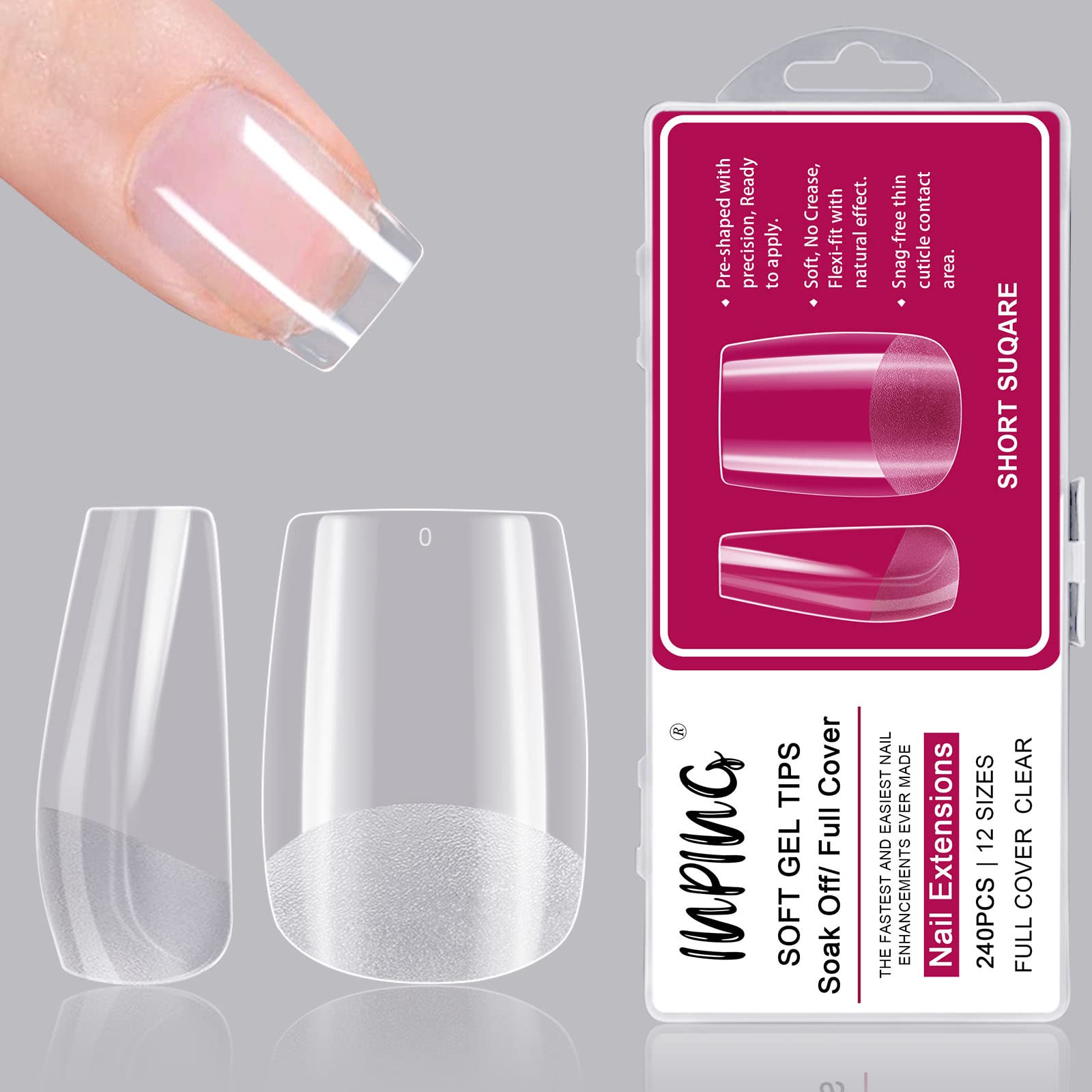 INPING Short Nail Tips, 240PCS Short Square Clear Soft Nail Tips Half Full Cover Extensions Break Resistant Pre-Shaped Acrylic False Nails for Women Home DIY French Manicure Kit, 12 SIZES — image 1