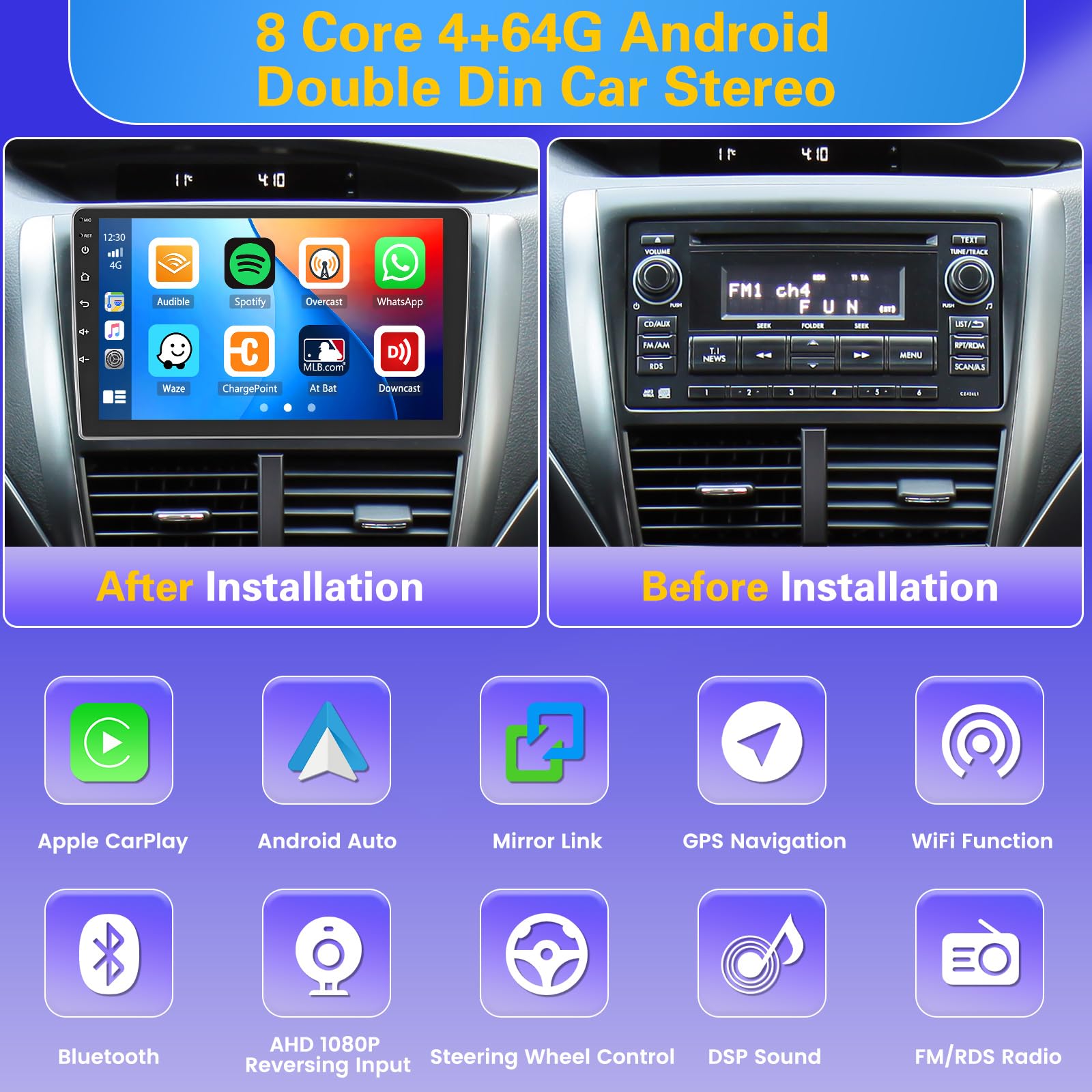 8 Core 4+64GB Android Car Stereo Double Din Wireless Carplay Android Auto, [Support SIM Card] 9 Inch Touch Screen Car Radio WiFi, GPS Bluetooth 5.0 AM/FM/RDS Mic Backup Camera EQ DSP