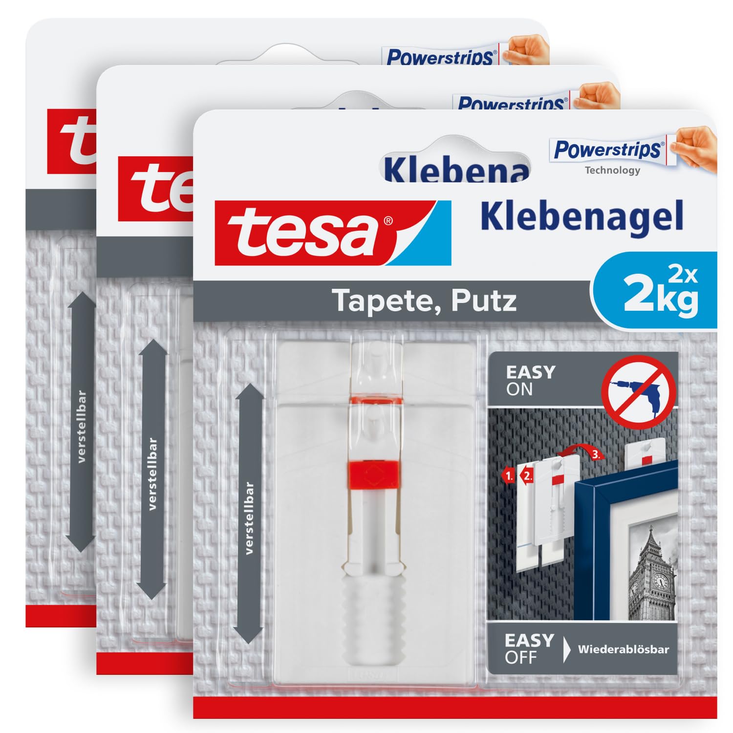 tesa 77777 Verstellbarer Klebenagel für Tapeten und Putz2kgim3erPack-Höhenverstellbarer,selbstklebenderWandnagel-Biszu2 kgHalteleistungproNagel-3x2Klebenägel — image 1