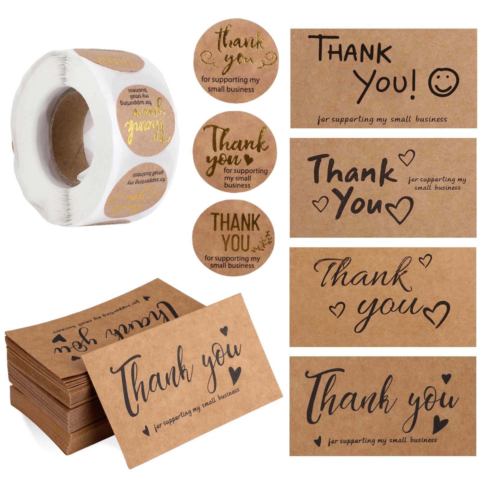 Photo 1 of 600PCS Thank You for Supporting My Small Business Stickers and Card Kit, Thank You Cards Small Business for Envelopes, Bubble Mailers and Gift Bags Packaging(Brown Kraft Paper)