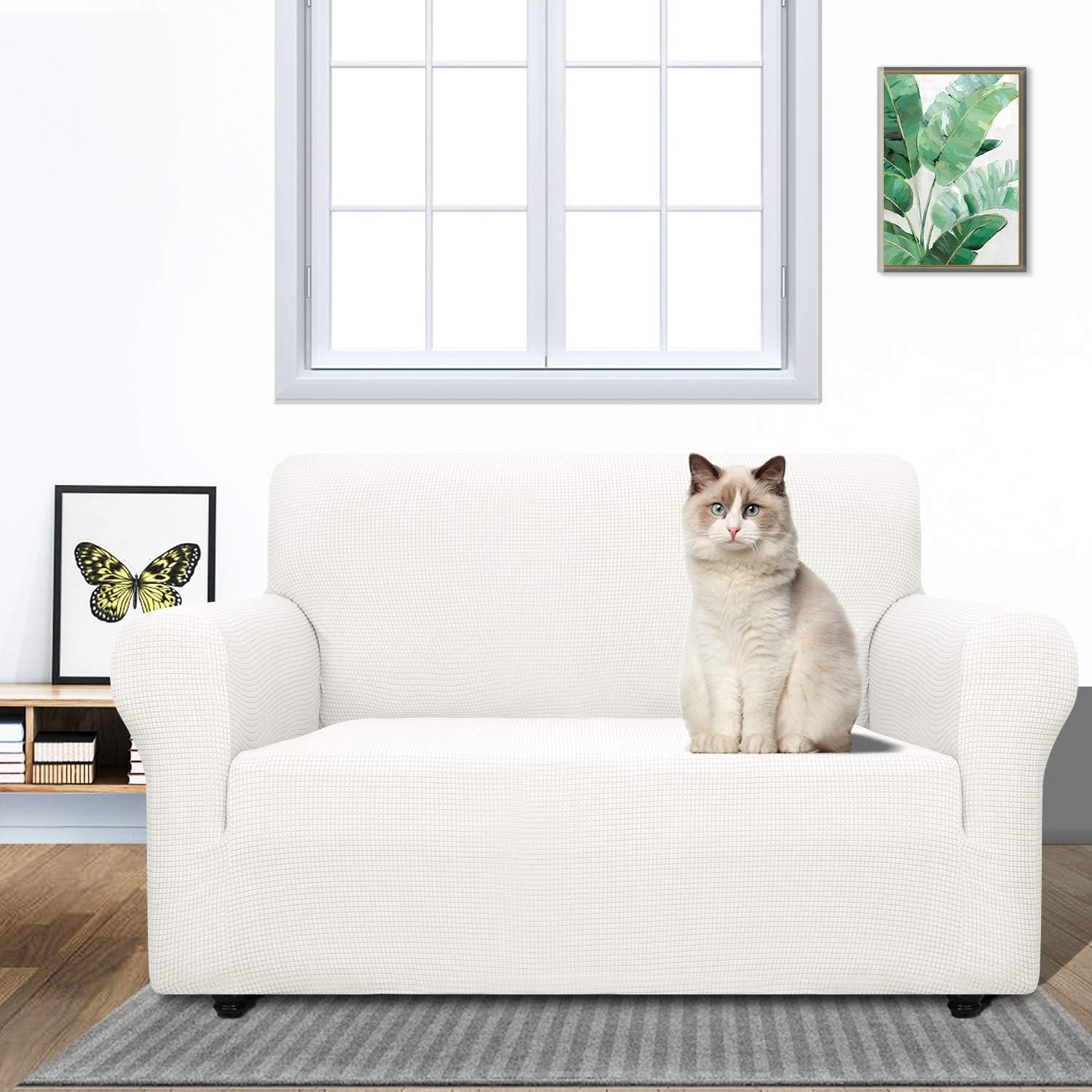 ZNSAYOTX Super Stretch Couch Cover Love Seat Sofa Covers for Living Room Dogs Pet Friendly Furniture Protector Spandex Loveseat Slipcovers with Anti Slip Foam Sticks (White, Loveseat): Home & Kitchen