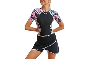 SHEKINI Women's Two Piece Athletic Short Sleeves Surfing Zipper Boyleg One Piece Rash Guard Swimsuits + Swim Skirted