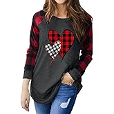 Valentines Shirts Women Buffalo Plaid Love Heart Graphic Tees Letter Print Long Sleeve Tops Shirts Valentines Gift