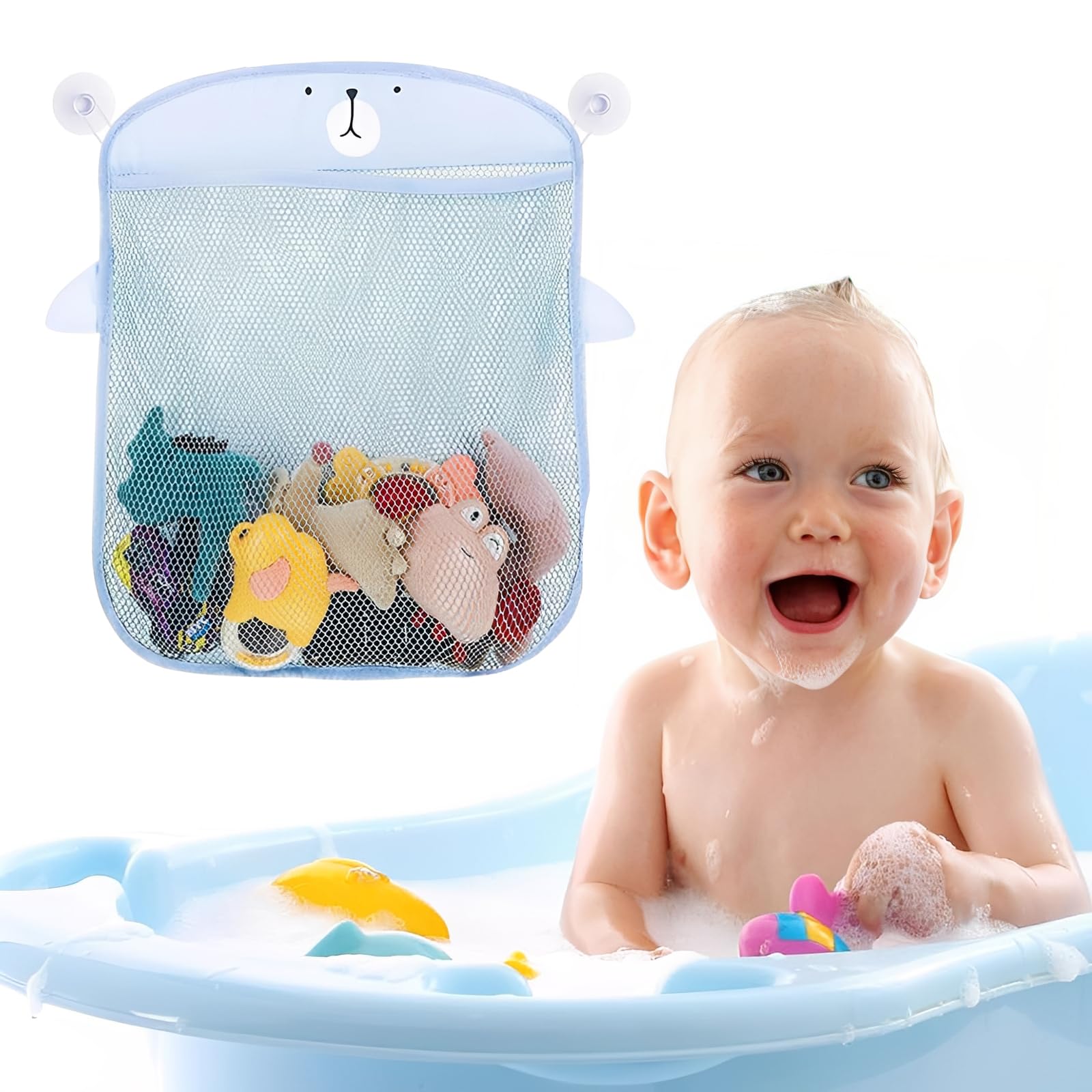 Bath Toy Organizer, Storage Bag, Toy Bag or Other Useful Items with 2 Adhesive Hooks and 2 Suction Cups