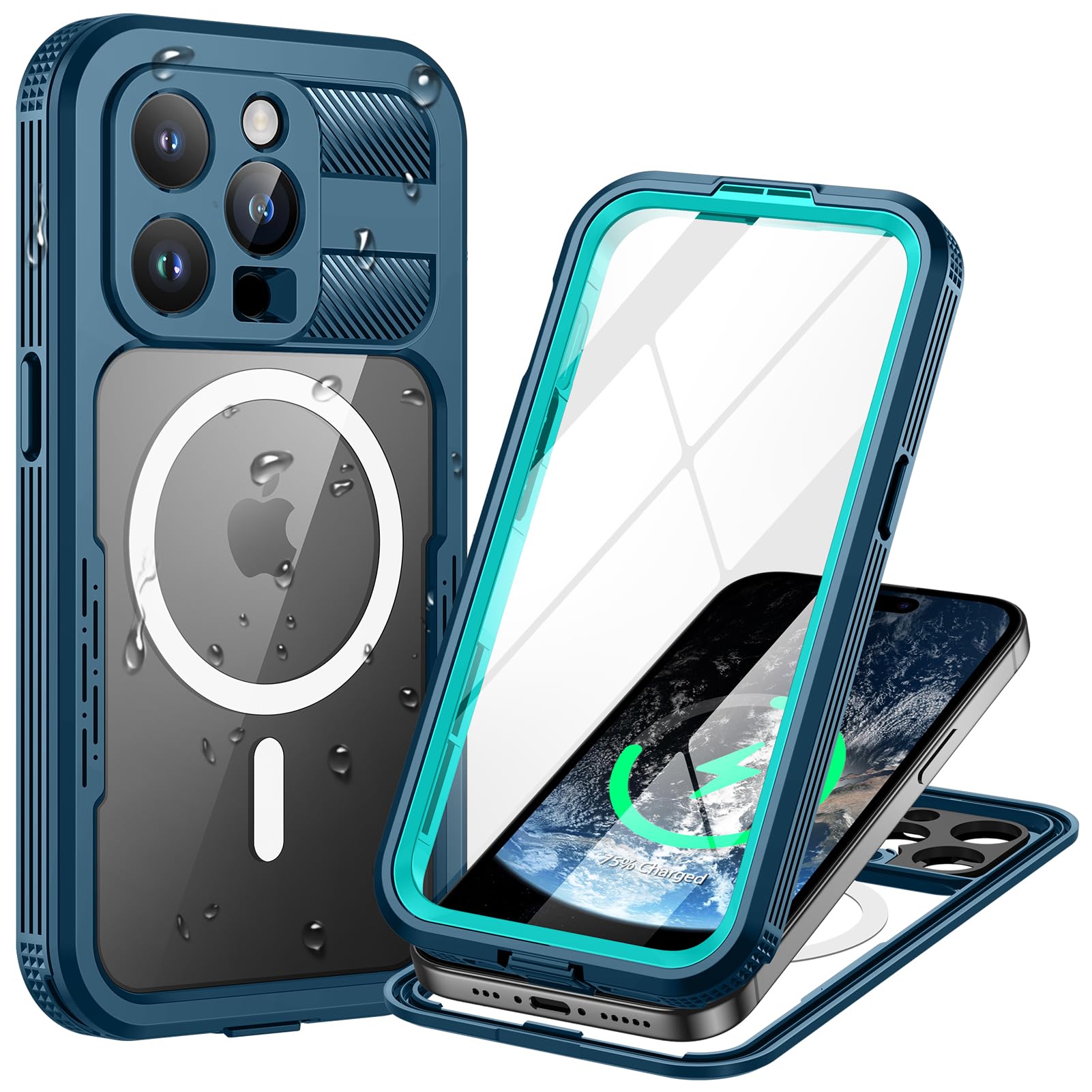 Photo 1 of Lanhiem Magnetic for iPhone 15 Pro Case, IP68 Waterproof Dustproof Case, [Compatible with Magsafe] [Built-in Screen Protector] Full Body Heavy Duty Rugged Phone Cover 6.1 inch, Blue/Clear