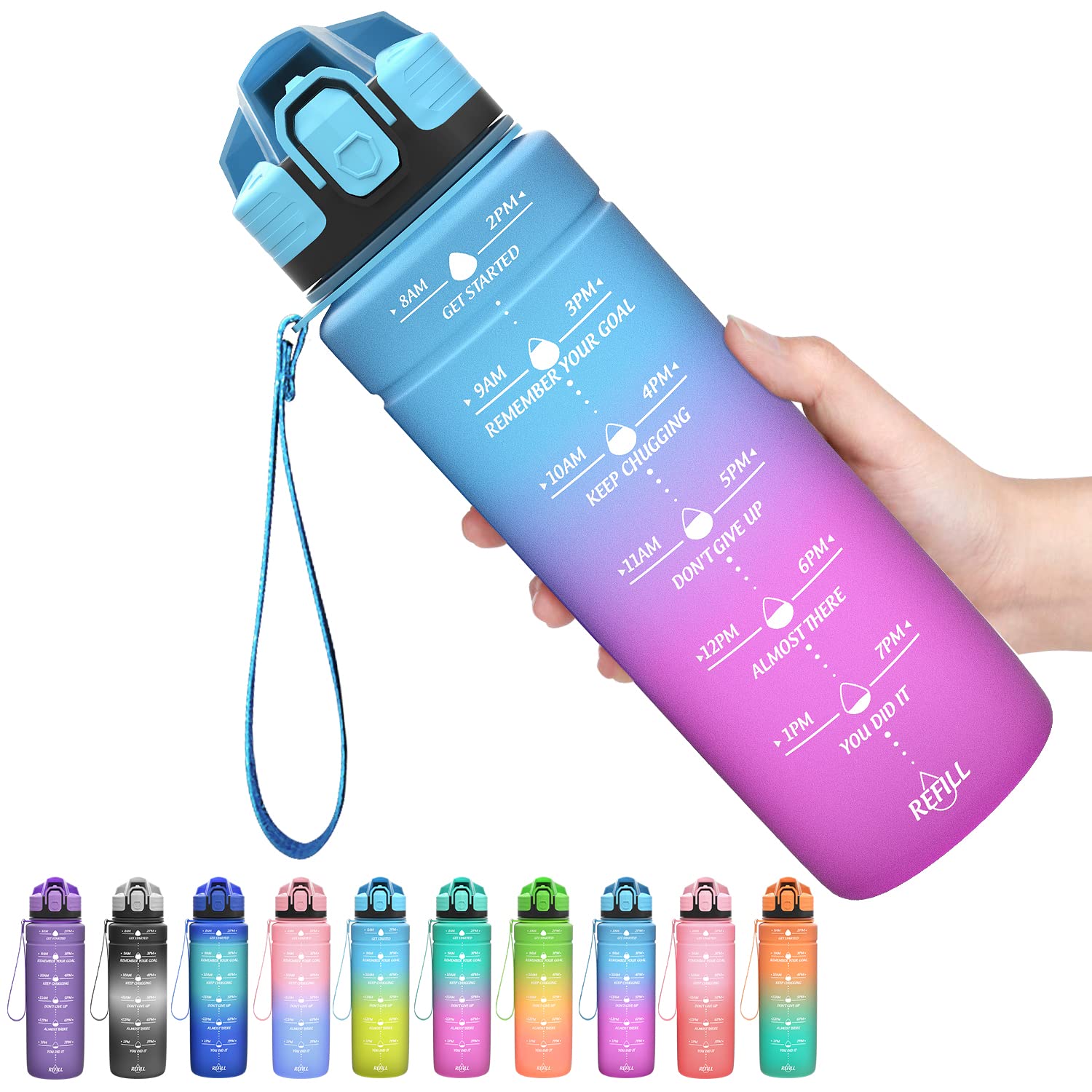 Coolfel Motivational Water Bottle with Time Markings, 1.5l 1l Sports Water Bottle 700ml 500ml Kids Water Bottles, BPA Free Tritan Leakproof Reusable Drink Bottle for Gym, School, Running — image 1