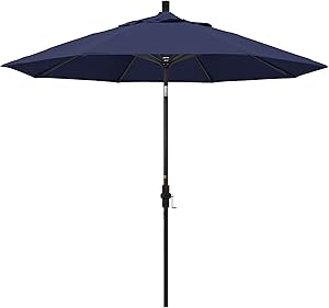 California Umbrella 9' Round Aluminum Market Umbrella, Crank Lift, Collar Tilt, Bronze Pole, Navy Blue Olefin