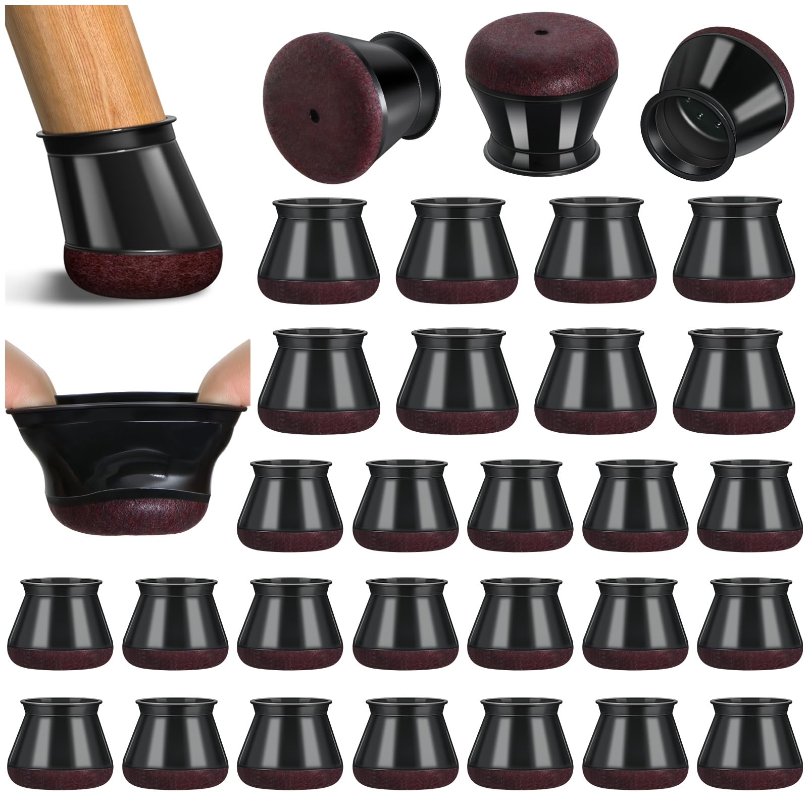 32 Pcs Chair Leg Floor Protectors,Black Silicone Chair Leg Covers Caps for Hardwood Floors with Wrapped Felt, Furniture Feet Protectors Pads (Fit:30.1-40mm)