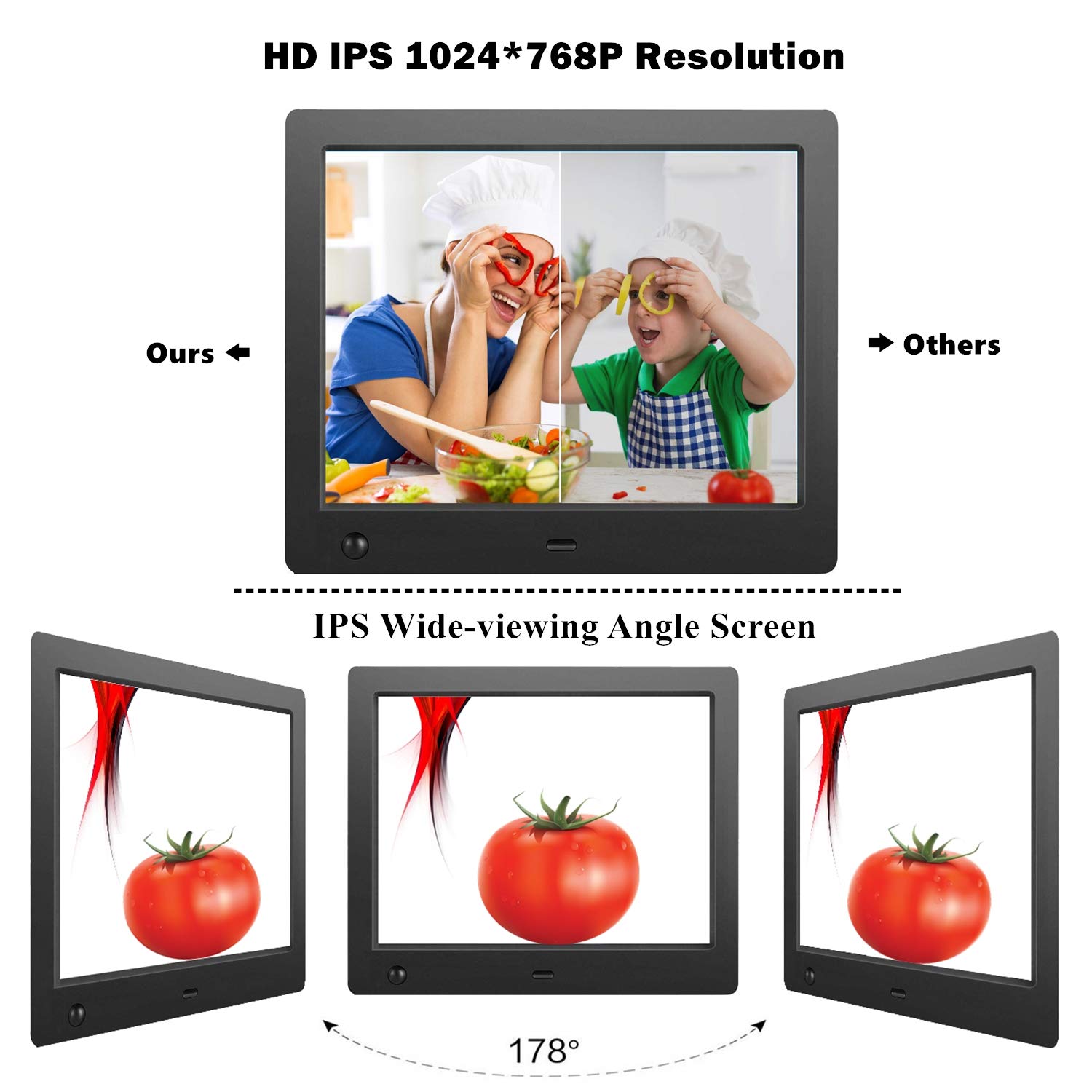 Digital Picture Frame 8 inch, Digital Photo Frame Video Player with Motion Sensor Smart Electronics Picture Frame High Resolution 1024x768 IPS LCD/1080P 720P /Stereo/MP3/Calendar/Time/Remote Control