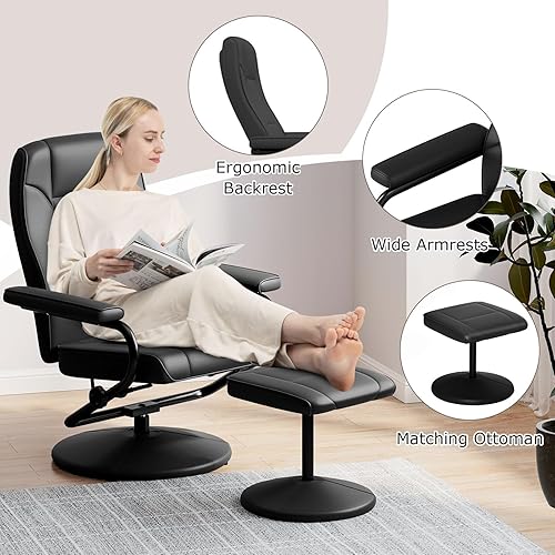 Giantex Recliner Chair with Ottoman, 360° Swivel Faux Leather