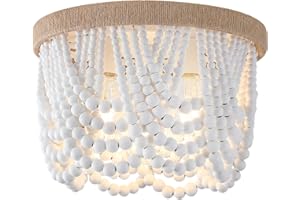 AMZASA White Boho Wood Beaded with Hemp Rope Flush Mount Ceiling Light Farmhouse Small Chandelier Light Fixture for Bedroom Hallway Entryway Closet Kitchen Dining Room Living Room Nursery