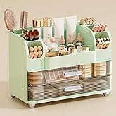 Makeup Organizer for Vanity with 2 Large Drawers, Cosmetic Display Case with Brush Holders, Easy to Storage for Bathroom Countertop Skincare, Perfume, Green