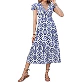 CUPSHE Women's Ruffle Boho Maxi Dress V Neck Short Flared Sleeve High Waist Elastic Casual Summer Dresses