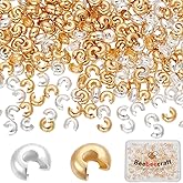 Beebeecraft 1 Box 300Pcs 18K Gold & 925 Sterling Silver Plated Crimp Bead Covers 4x3mm Small Open Half Round Crimping Knot Cover Spacer Beads End Tips for Jewelry Making DIY Crafts Bracelets