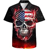 American Flag Skulll Mens Hawaiian Shirt Short Sleeve 3D Graphic Button Down Shirts Tropical Holiday Beach Aloha Shirts