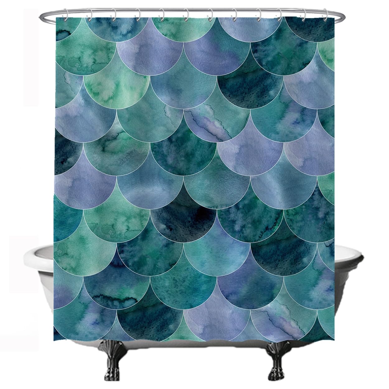 Ulticool Shower Curtain - Scales Mermaid Waves - 180 x 200 cm - Washable - Anti Mould - with 12 Rings - Blue Green