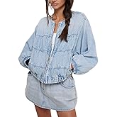 happlan Women's Trendy Zip Up Denim Jean Jacket Coat Loose Fit Long Sleeves Washed Cotton Cropped Ruched with Pockets