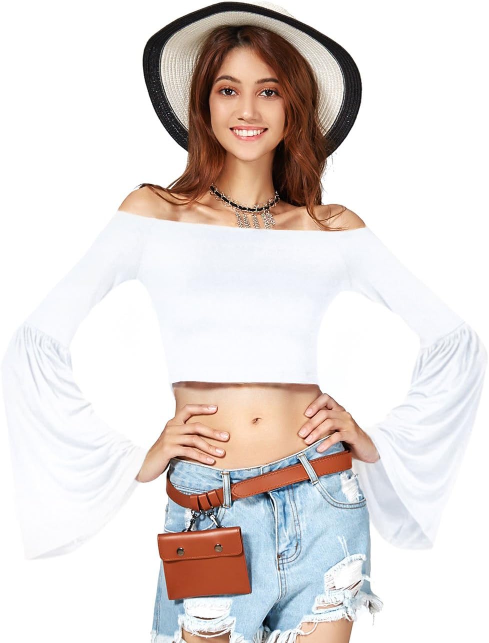 Women Off Shoulder Crop Tops Long Bell Sleeve Cute Solid Shirt Blouse