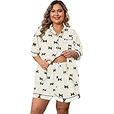 Vozanet Women Pajama Shorts Sets Button Down Lounge Sets Plus Size Summer Sleepwear Texture Printed Cute 2pcs Nighty