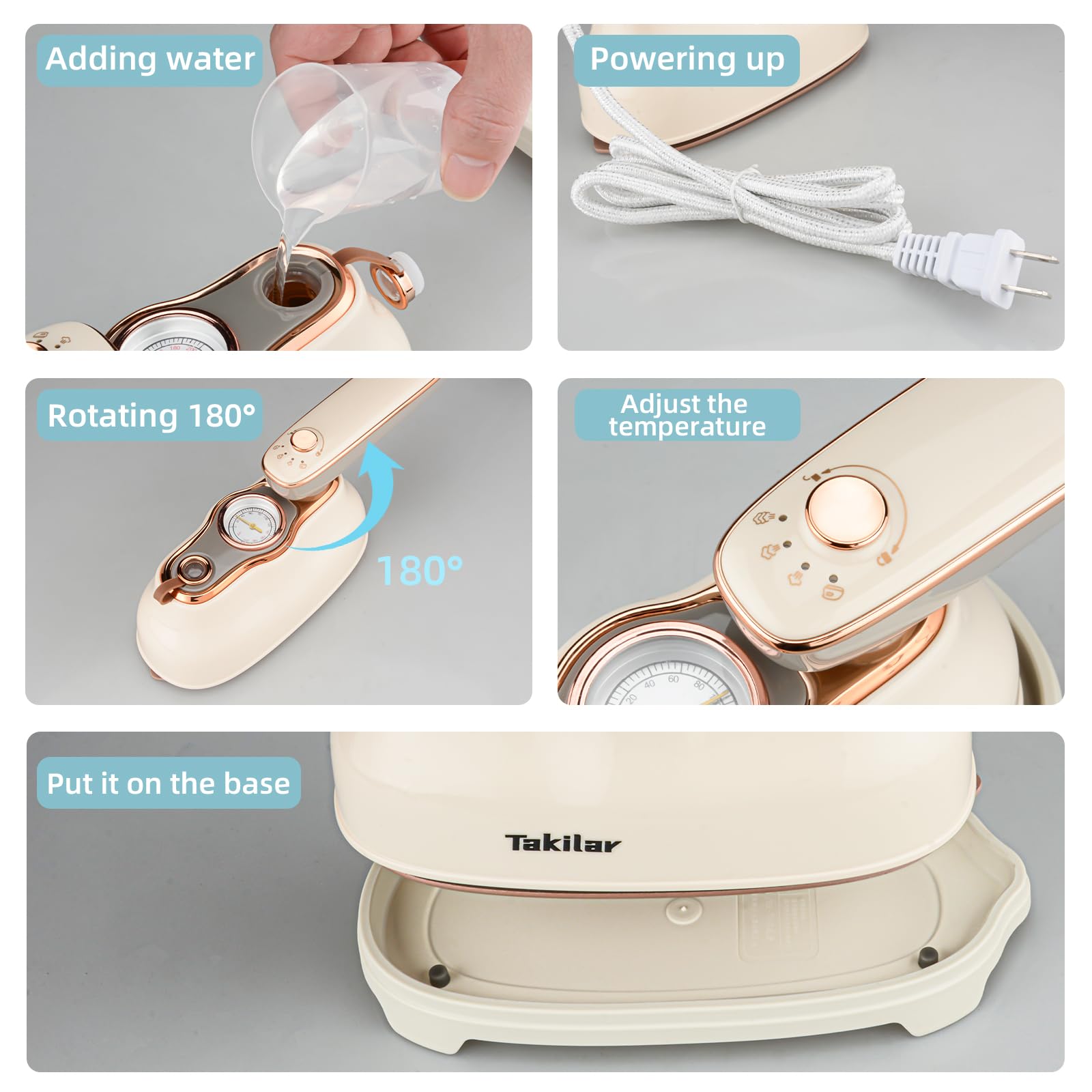 Travel Steam Iron, Takilar Handheld Steamer for Clothes Portable Mini, 180° Rotatable Travel Garment Steamer, 1250W Power Dry and Wet Ironing for Home Office Clothing Store Dry Cleaners Tailor Shop