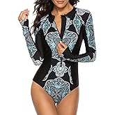 SELINK Women's Long Sleeve Rash Guard UV Protection Zipper Printed Surfing One Piece Swimsuit Bathing Suit