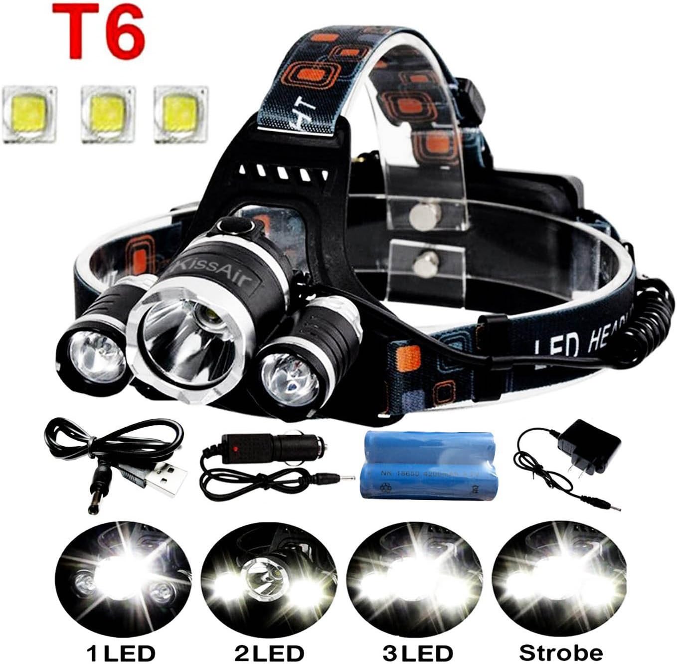 5000Lumen Bright 3 CREE XM-L XML T6 LED Headlamp Flashlight Torch 4 Modes Headlight Headlamps with Rechargeable Batteries for Hiking Camping Outdoor Riding Night Fishing Hunting