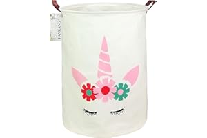 FANKANG Storage Basket, Nursery Hamper Canvas Laundry Basket Foldable with Waterproof PE Coating Large Storage Baskets for Kids Boys and Girls, Office, Bedroom, Clothes,Toys（Flower Unicorn）