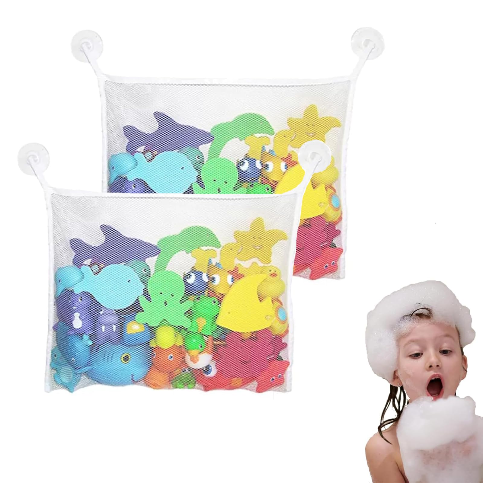 Bath Toy Storage, 2 Pcs Bath Toy Net, Bath Toy Organizer Bathroom Storage Net, With four Suction Cups For Baby, Keep Kids Bathtub Toys Dry & Bacteria Free (White)