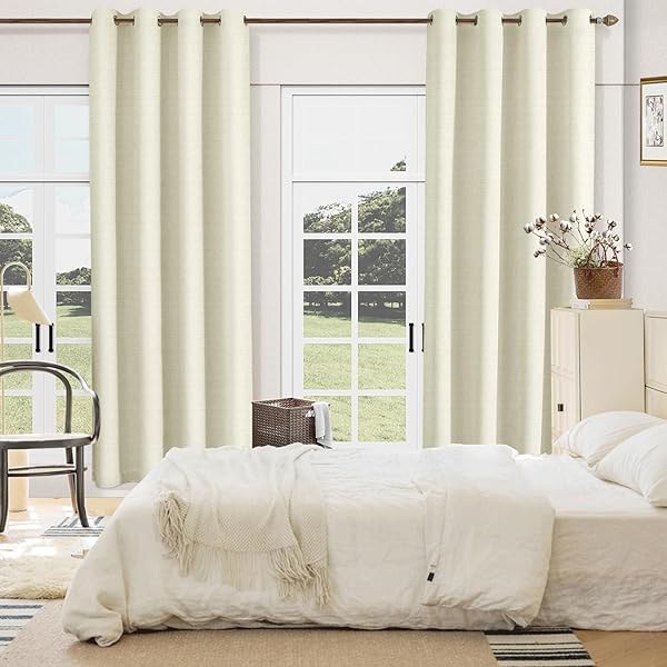 BEIGE BLACKOUT CHENILLE CURTAINS 52X84 INCH – THERMAL INSULATED ROOM DARKENING DRAPES WITH GROMMET, ULTRA SOFT WRINKLE RESISTANT NOISE REDUCING WINDOW TREATMENTS FOR BEDROOM LIVING ROOM, 2 PANELS SET