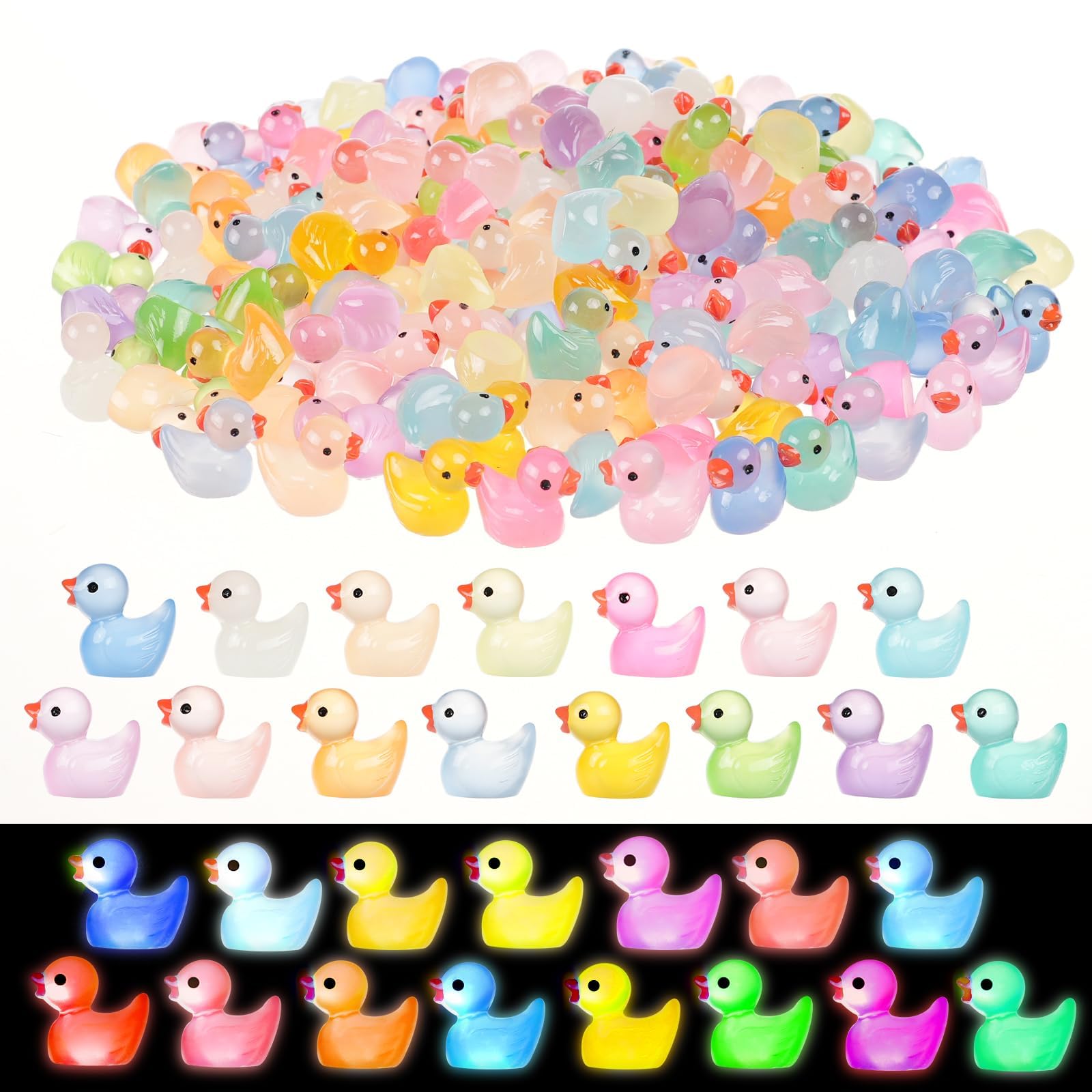225 Pcs Mini Resin Ducks Bulk, Glow in The Dark Tiny Duck Figurines for Miniature Dollhouse Decor, Fairy Garden, Aquarium Landscape, DIY Crafts, Party Favors, Hide & Seek Game, Classroom Activities