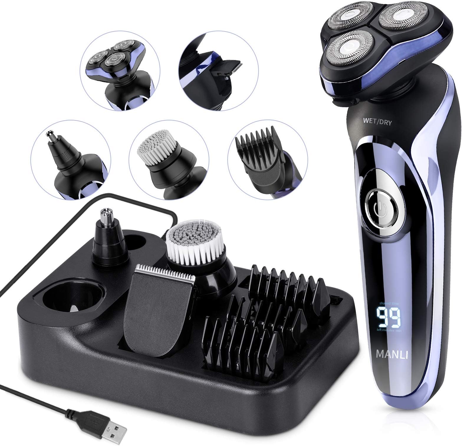 Electric Shaver for Men Rotary Shavers Electric Razor, MANLI Wet and Dry Men's Electric Rotary Shavers Electric Shaving Razors with Pop-up Beard Trimmer Hair Clippers, Rechargeable, IPX7 Waterproof