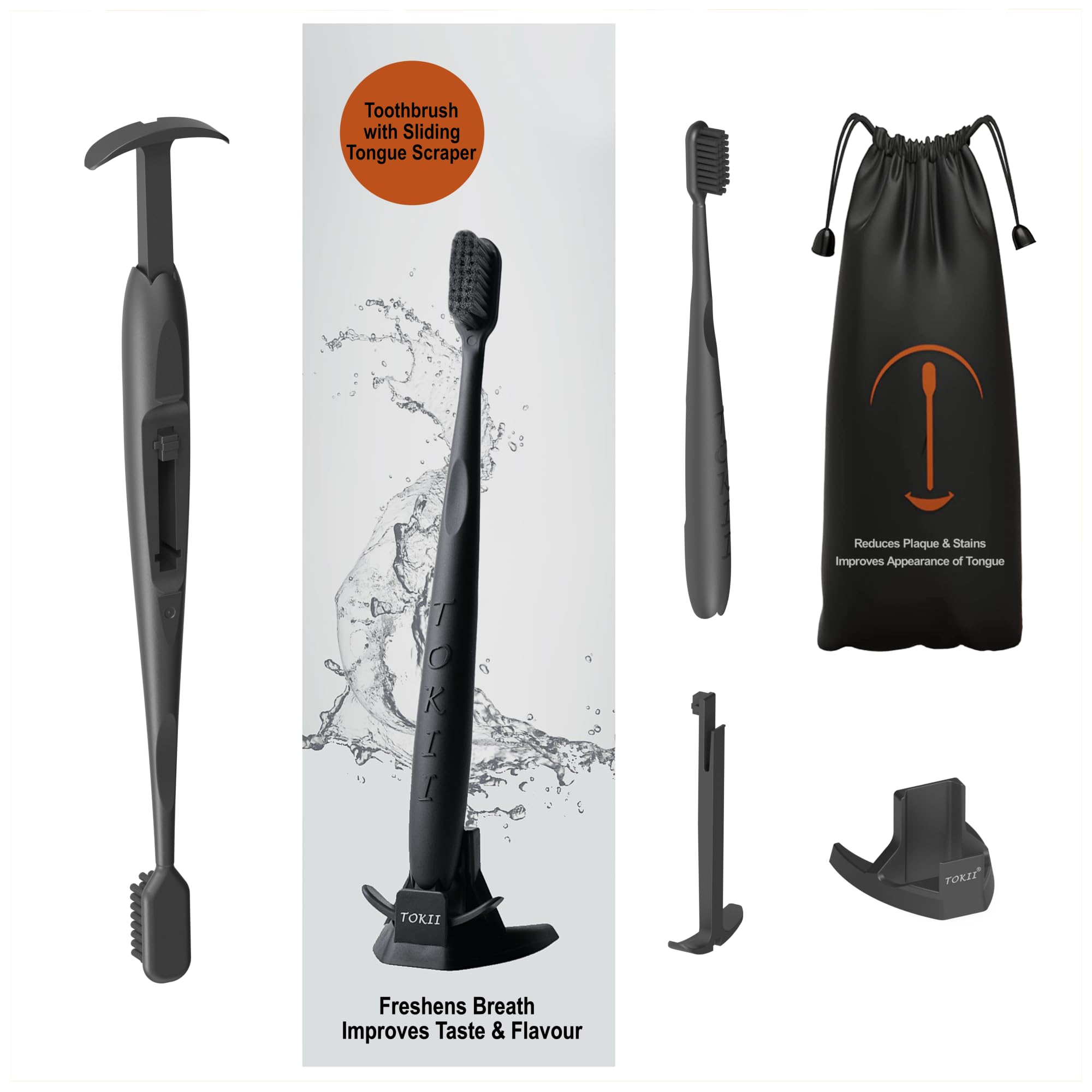 TOKII: World's only Patented Toothbrush with Soft Bamboo Charcoal Bristles and Sliding Tongue Scraper Cleaner reduces Bad Breath with Travel Pouch