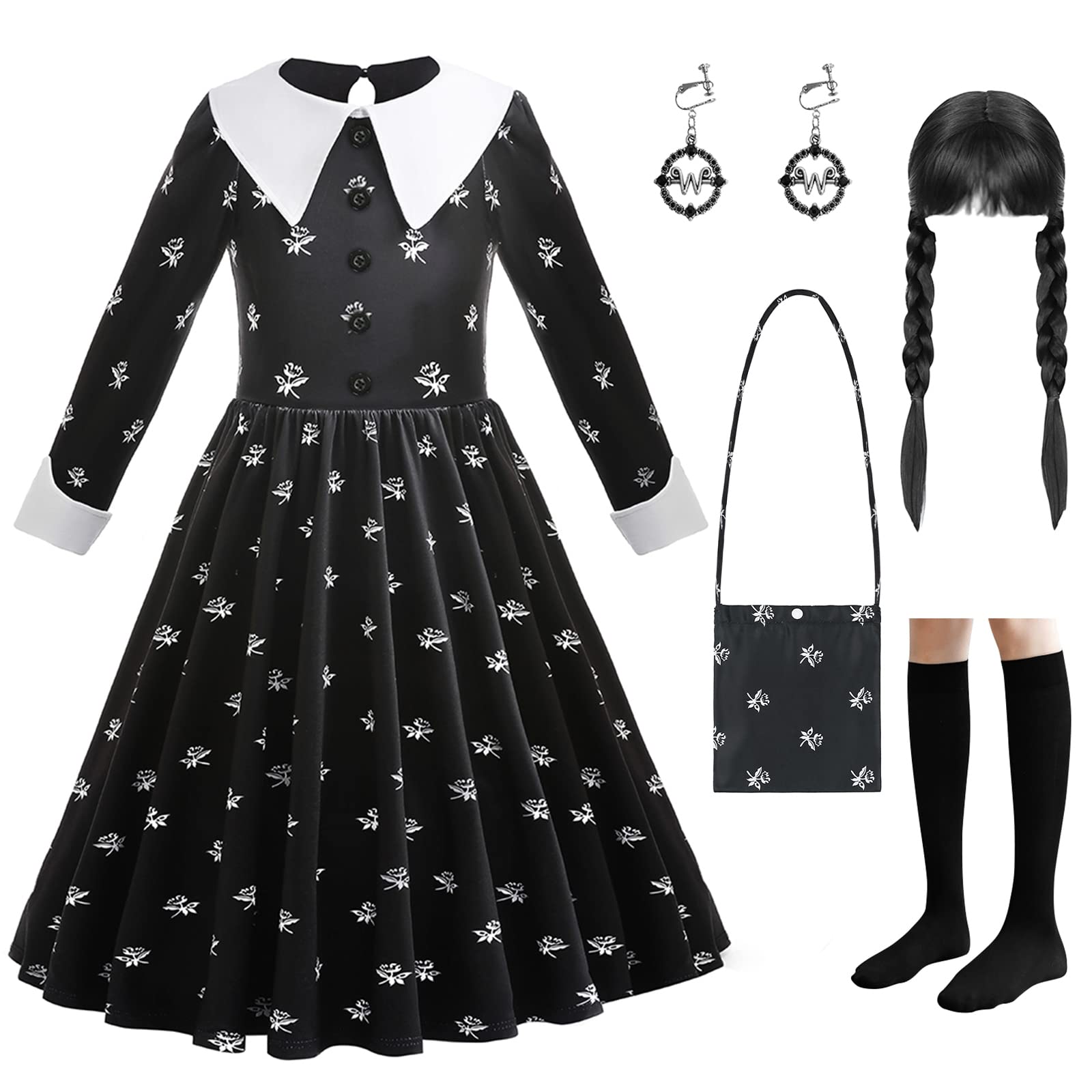 LZH Halloween Dress for Kids Girls Long Black Dress Cosplay Carnival Uniform School Fancy Dress Up with Earring Wig and Bag