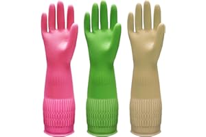 Bamllum 3 Pairs of Rubber Dishwashing Gloves for Kitchen and Household Cleaning – Long Cuff 15", Reusable, Flexible Long-lasting and Non-Slip (Red+Yellow+Green, Medium)