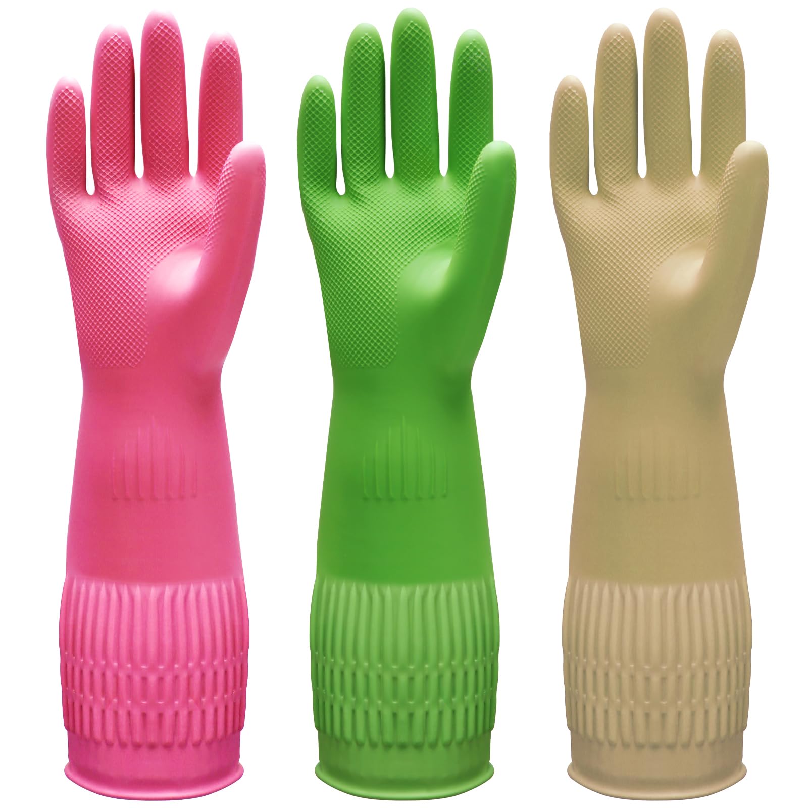 Photo 1 of Bamllum 3 Pairs of Rubber Dishwashing Gloves for Kitchen and Household Cleaning – Long Cuff 15", Reusable, Flexible Long-lasting and Non-Slip (Red+Yellow+Green, Large)